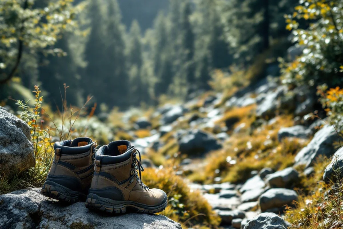 Hiking boots resting on a rock beside a scenic trail.