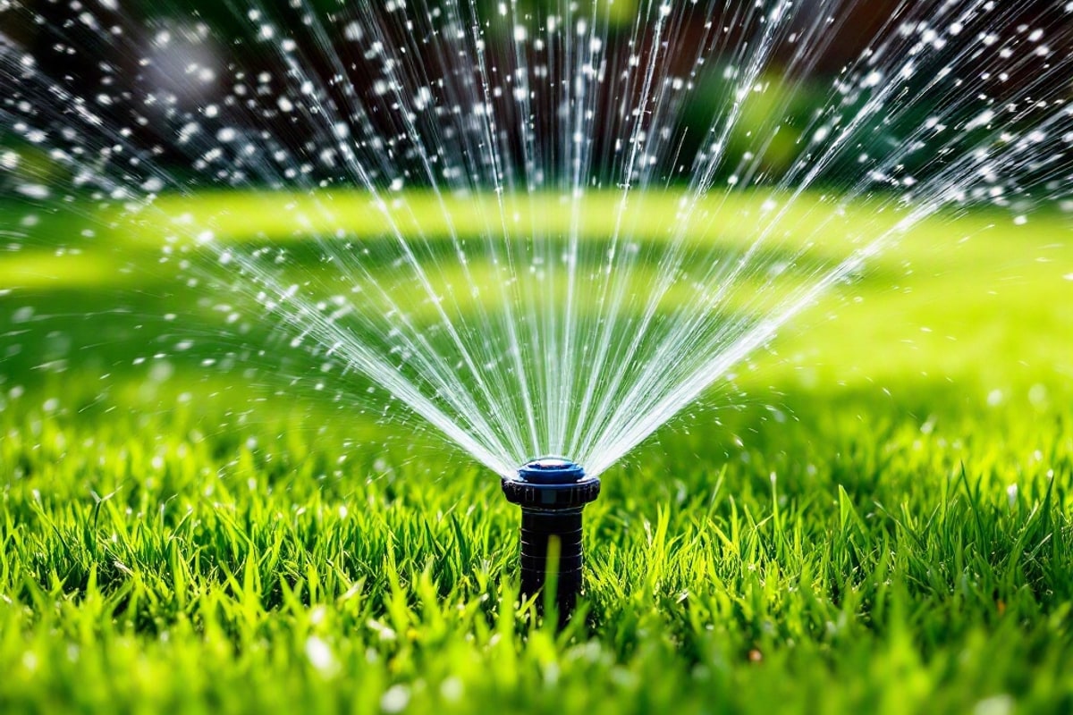 An oscillating sprinkler watering a green lawn in the backyard.