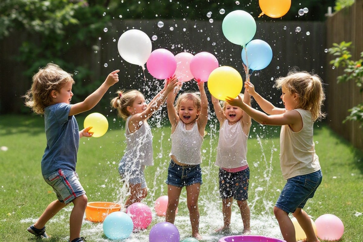 Children playing with water balloons in a backyard.