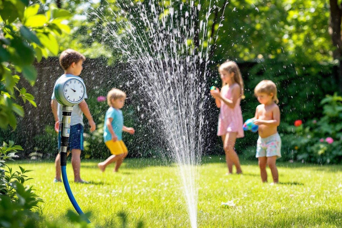 A backyard sprinkler setup with kids playing and a timer attached to the hose.