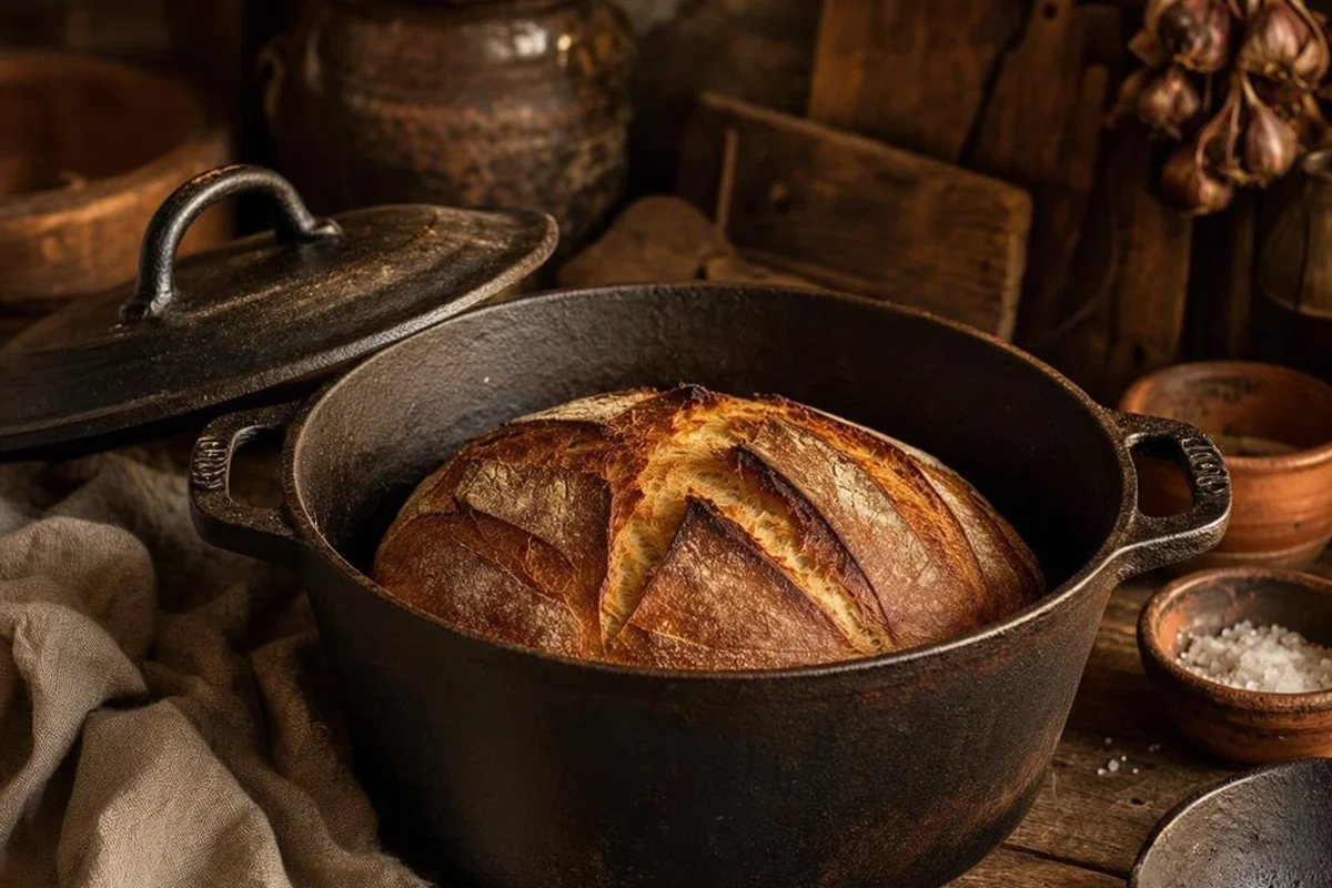 A Dutch oven with a golden loaf of bread inside.