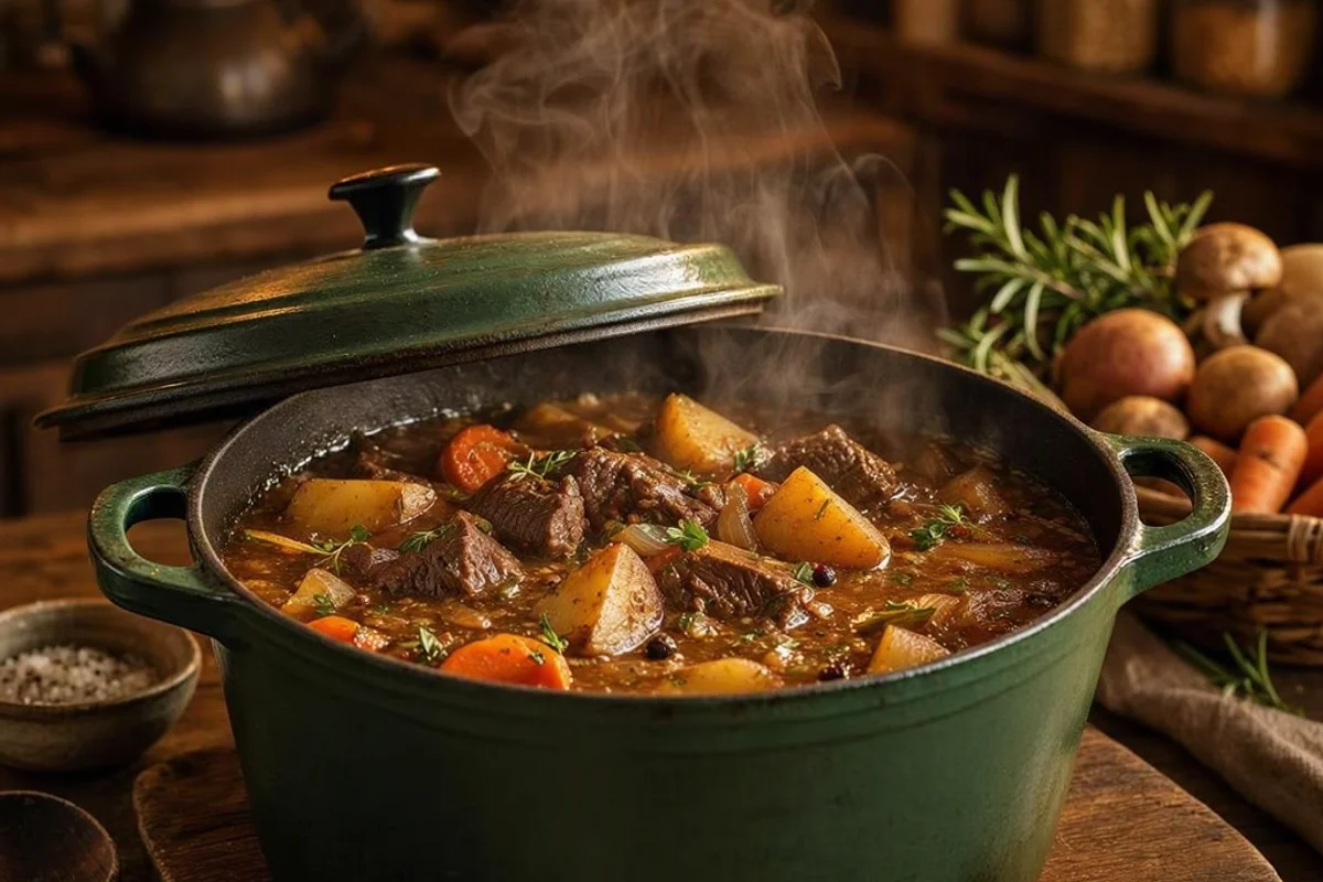 A pot of beef stew simmering in a Dutch oven.