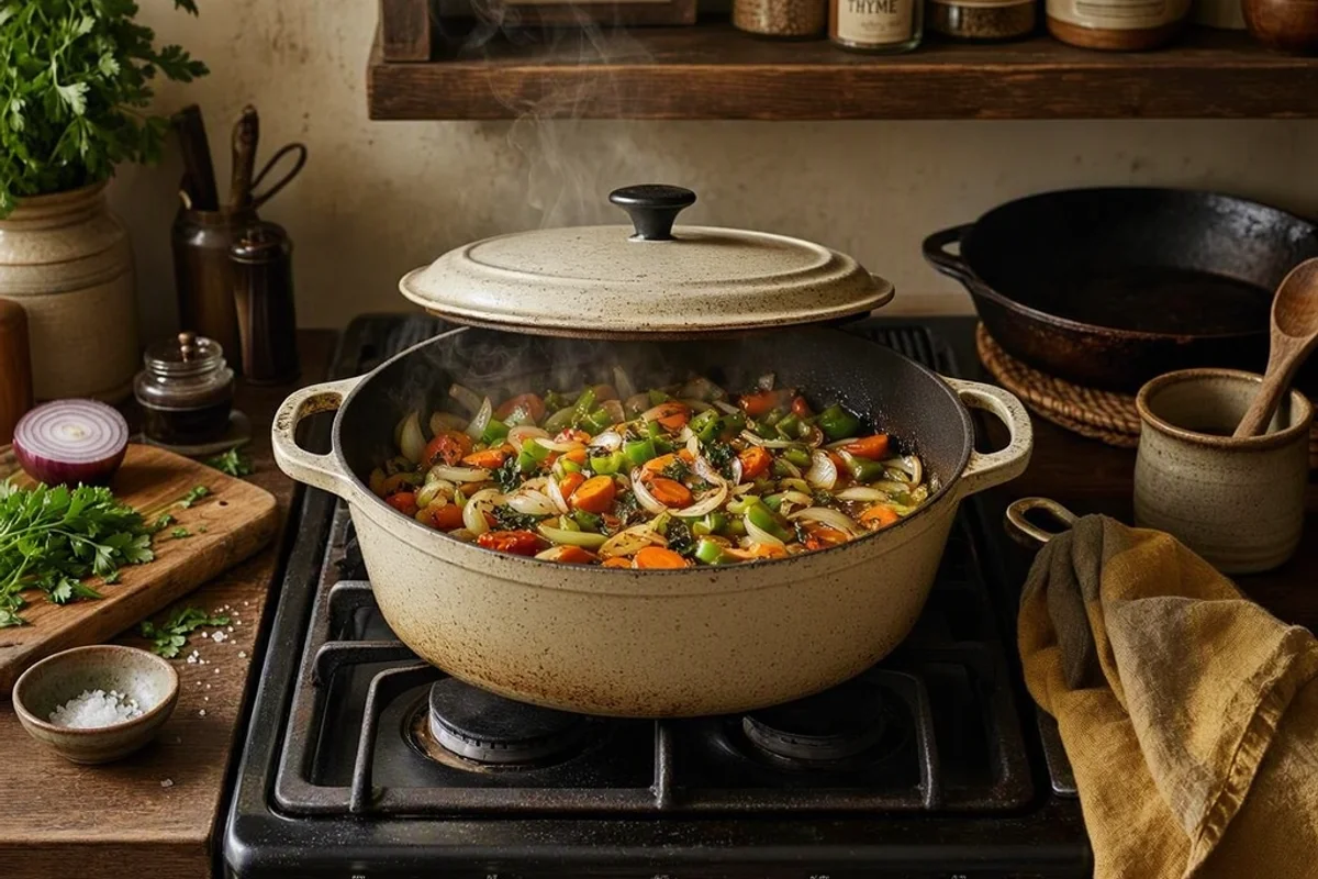 A Dutch oven on a stovetop with ingredients being sautéed.