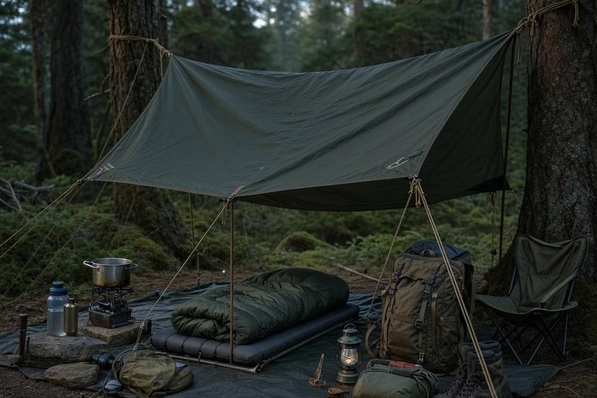 A tarp set up over a campsite with gear neatly arranged underneath.