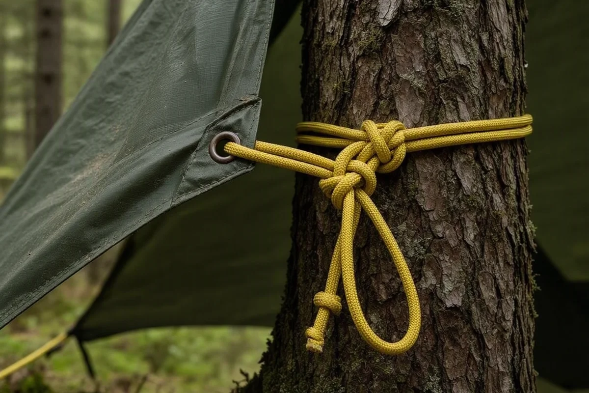 Close-up of a tarp corner tied to a tree with paracord.