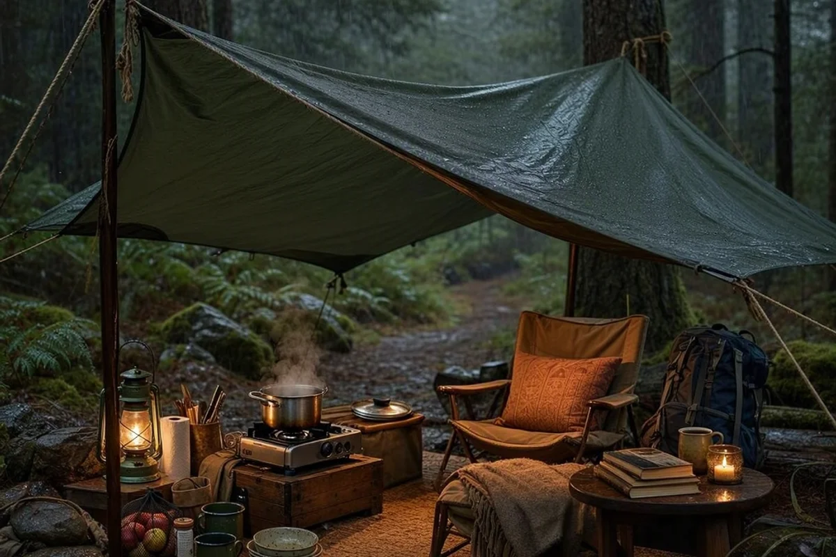 Cooking and seating area under a tarp during a rainy camping trip.