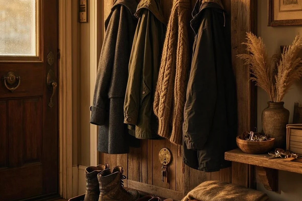 Boot tray and hooks staged beside the front door