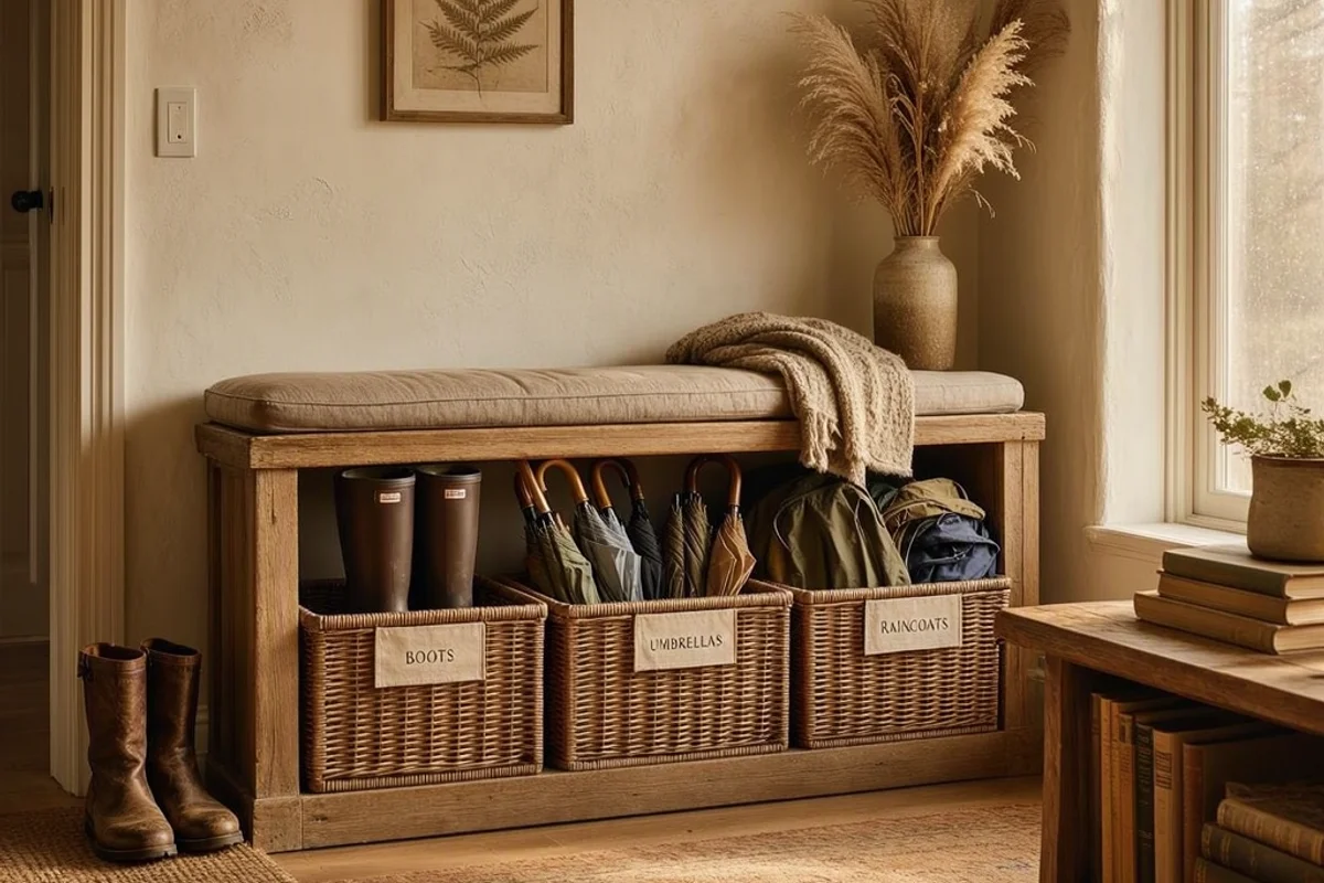 Storage bench with labeled baskets for rainy-season gear