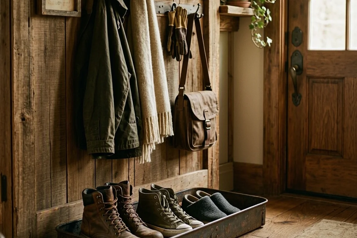 Boot tray and hooks staged beside the front door