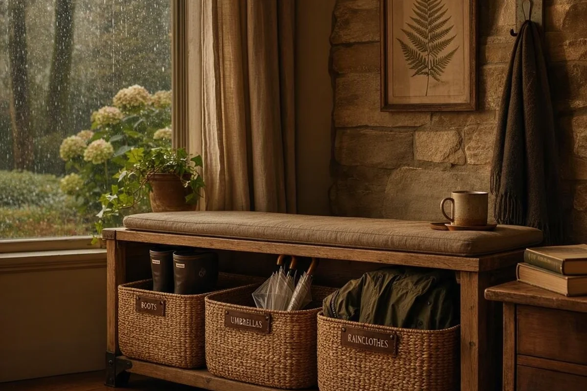 Storage bench with labeled baskets for rainy-season gear