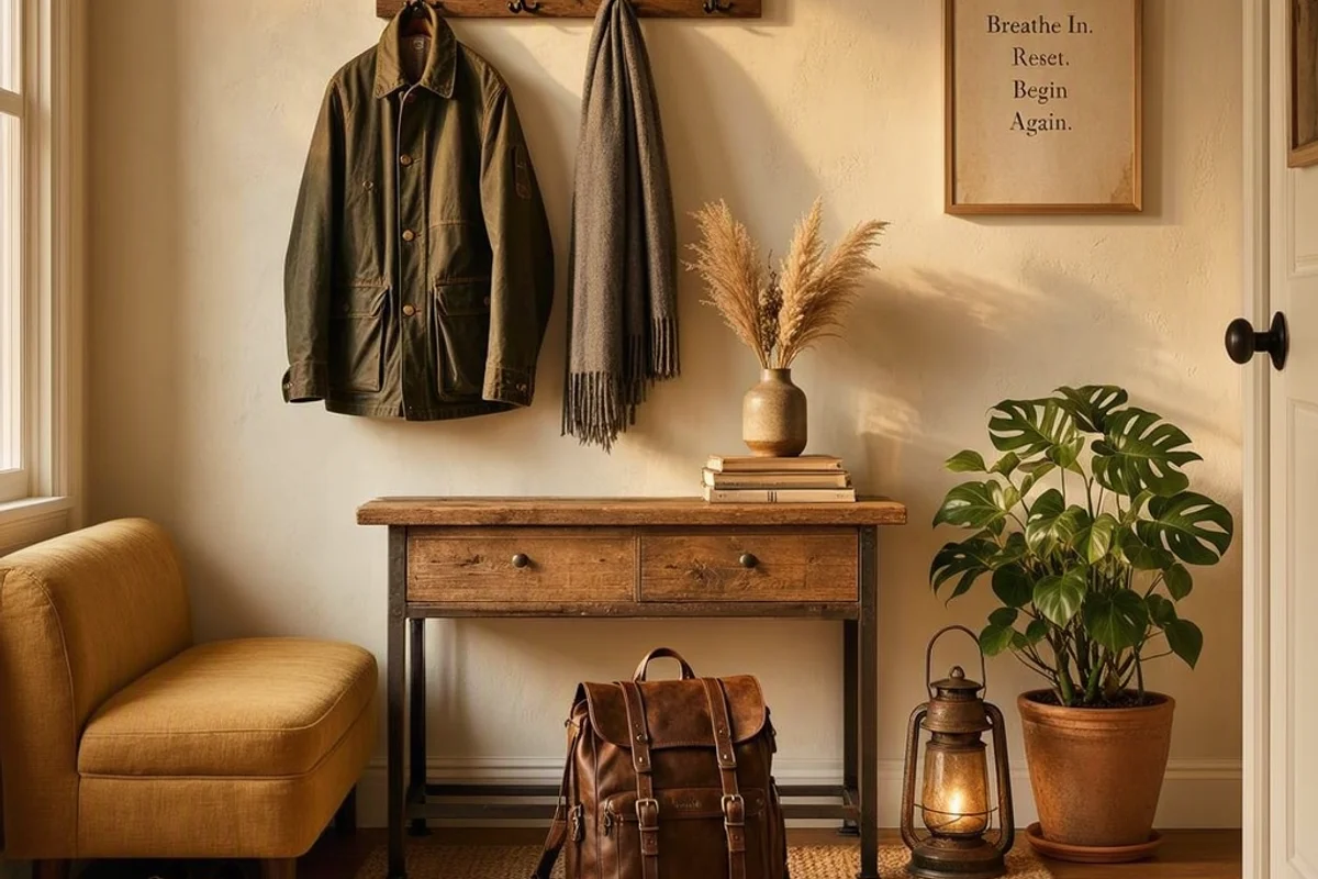 Backpack and jacket drop zone organized for a weekday reset