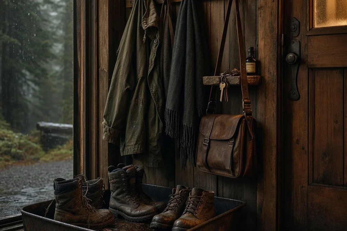 Boot tray and hooks staged beside the front door