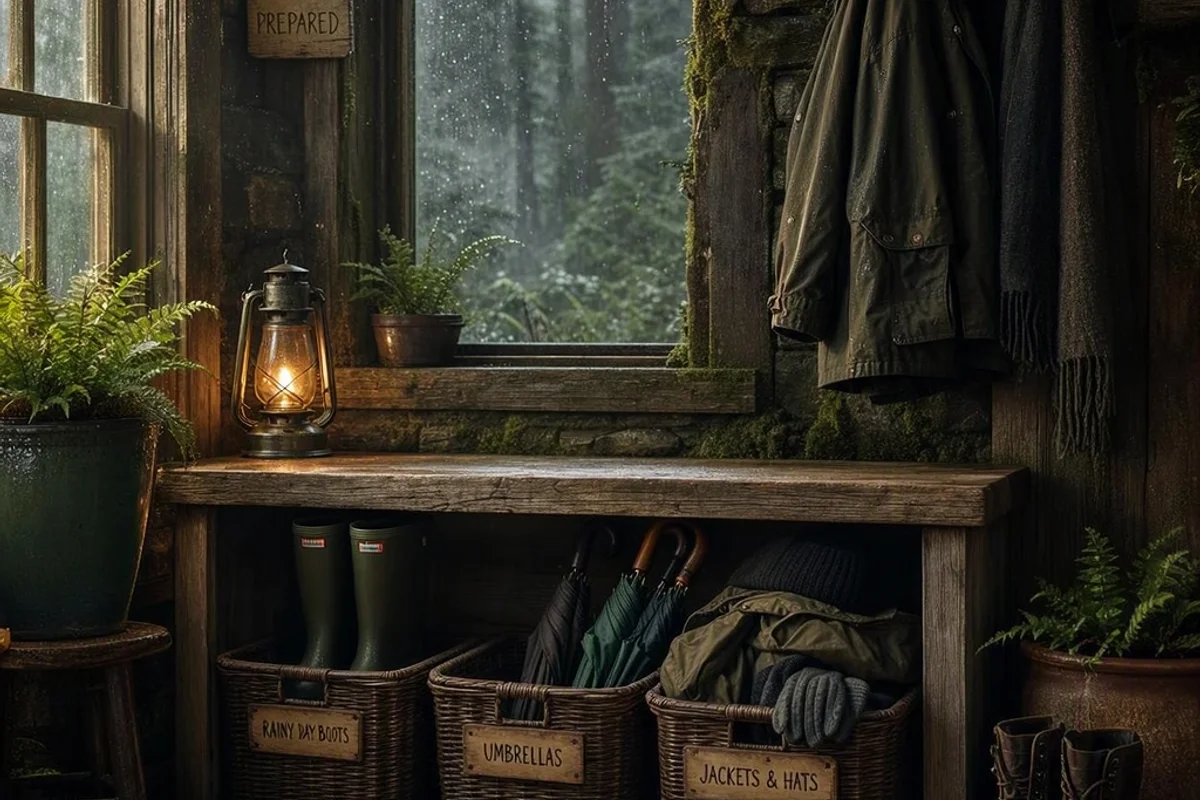 Storage bench with labeled baskets for rainy-season gear