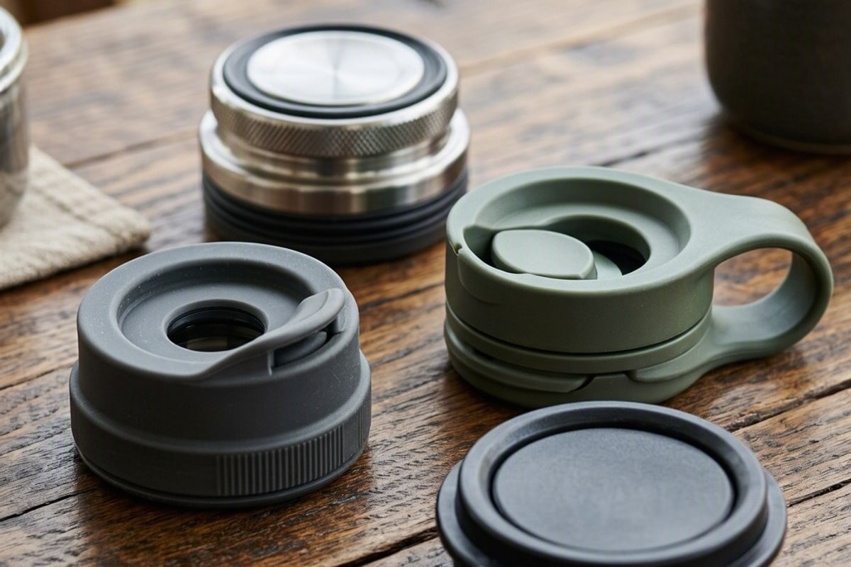 Detail of thermos and travel mug lids