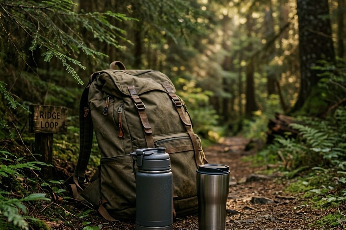 Thermos and travel mug next to a backpack on a trail