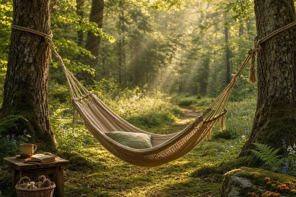 A hammock set up in a forest clearing with sunlight filtering through the trees.