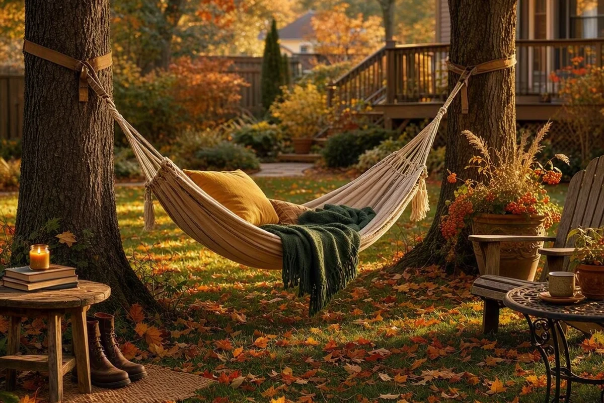 A family enjoying a hammock setup in their backyard with fall leaves scattered around.
