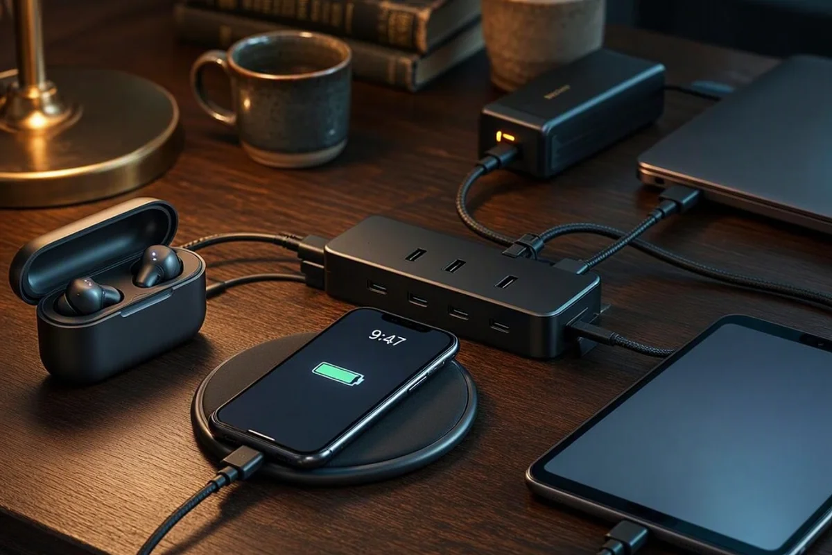 A tidy charging station with multiple devices neatly arranged.