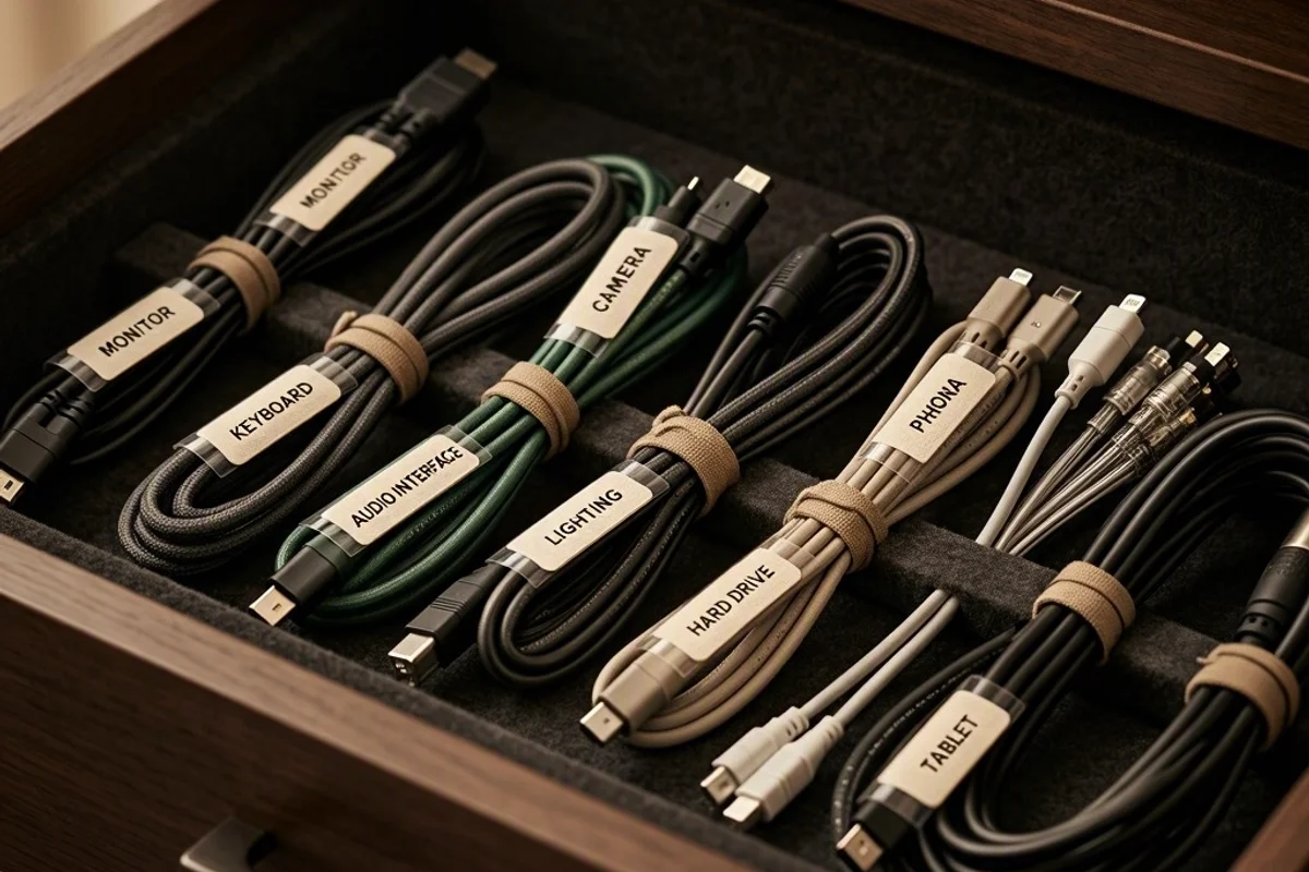 Labeled cables neatly stored in a drawer.