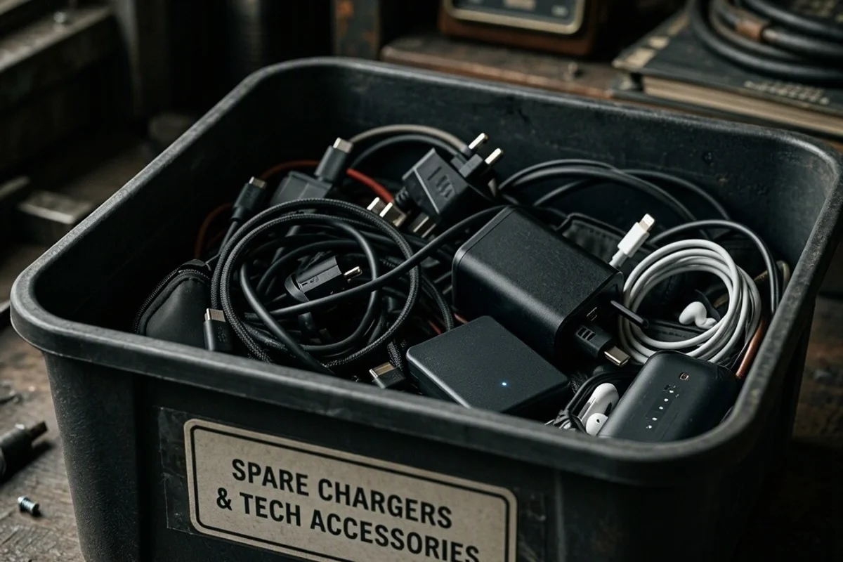 A labeled bin with spare chargers and tech accessories.