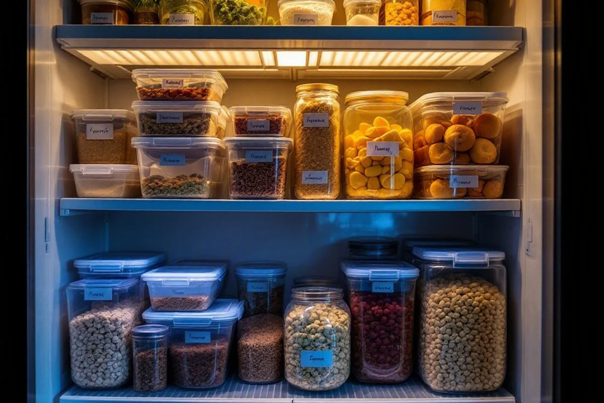 Organized freezer shelves with labeled containers and meal prep ingredients