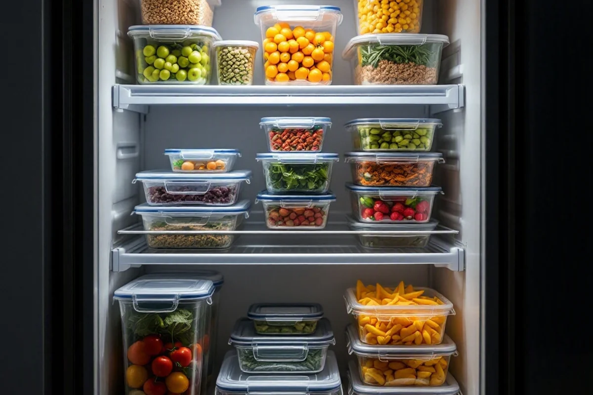 Freezer stocked with organized meal prep containers