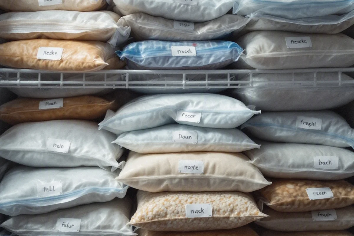 Labeled freezer bags neatly arranged on a shelf