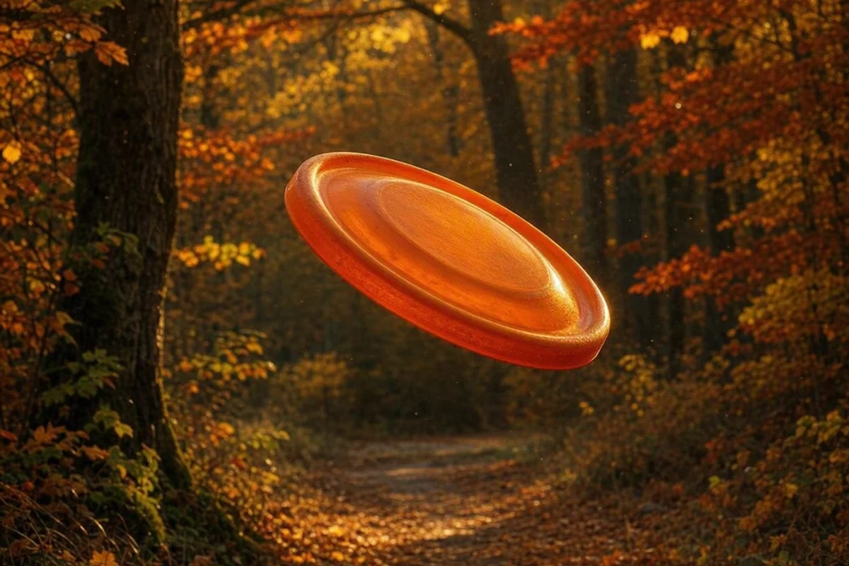A frisbee in mid-air against a backdrop of autumn trees
