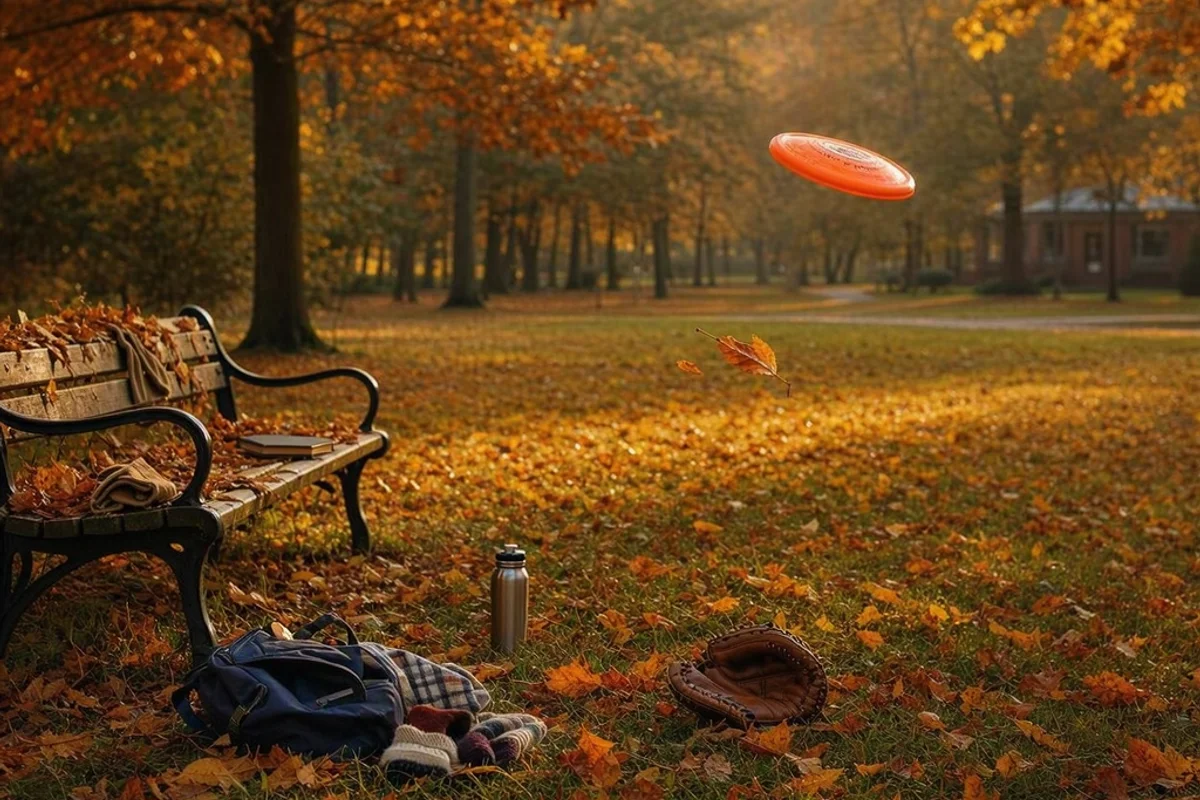 A family playing frisbee in a park with autumn leaves