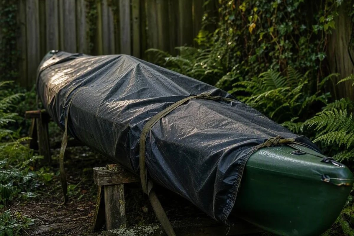 A kayak stored securely in a backyard with proper covering.