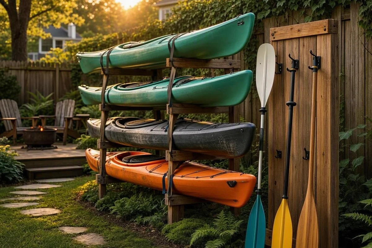 Storage rack for kayaks and paddles installed in a backyard.