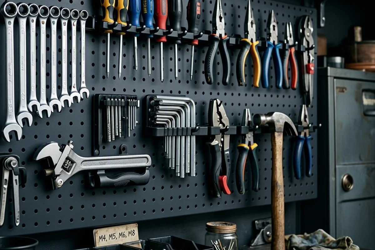 Organized tool wall in a garage.