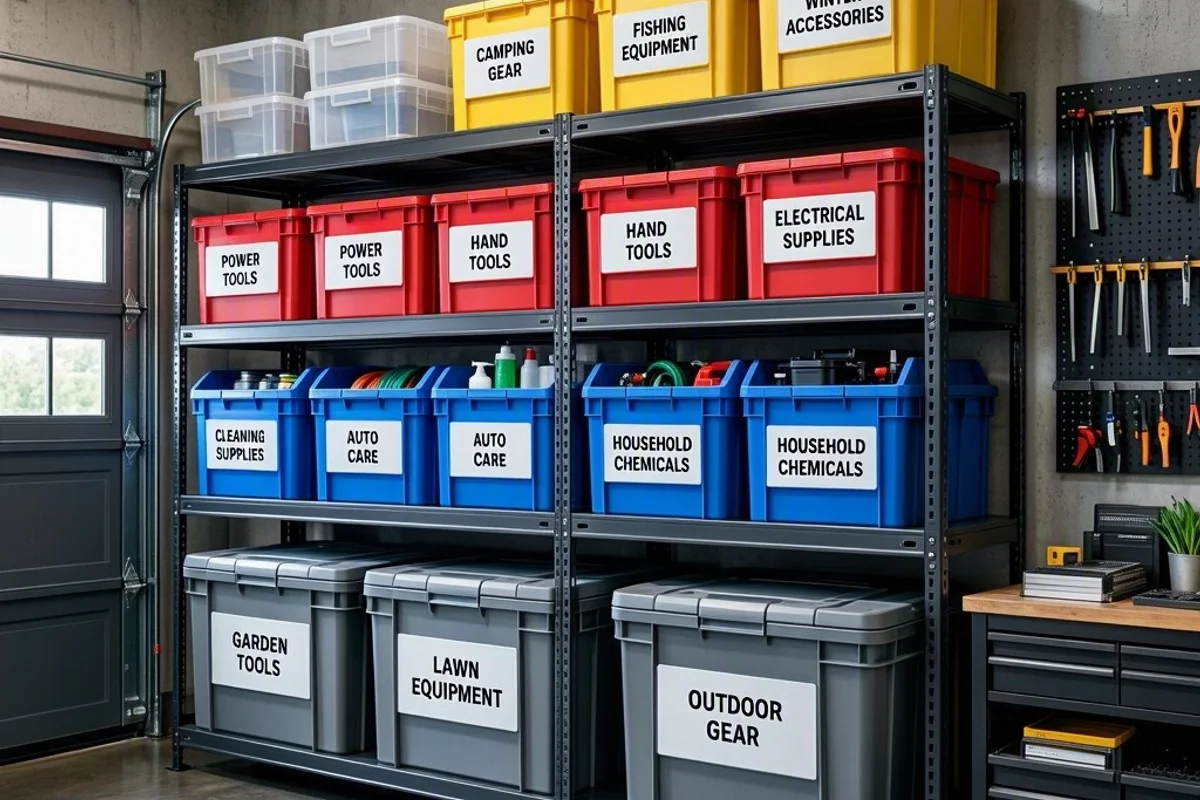 Labeled storage bins on garage shelves.