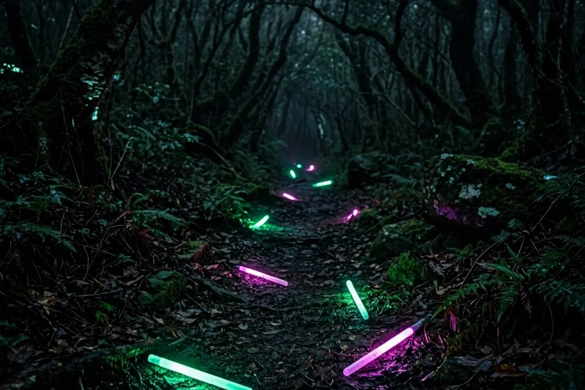 Glow sticks marking a trail in a dark forest, creating a spooky atmosphere.