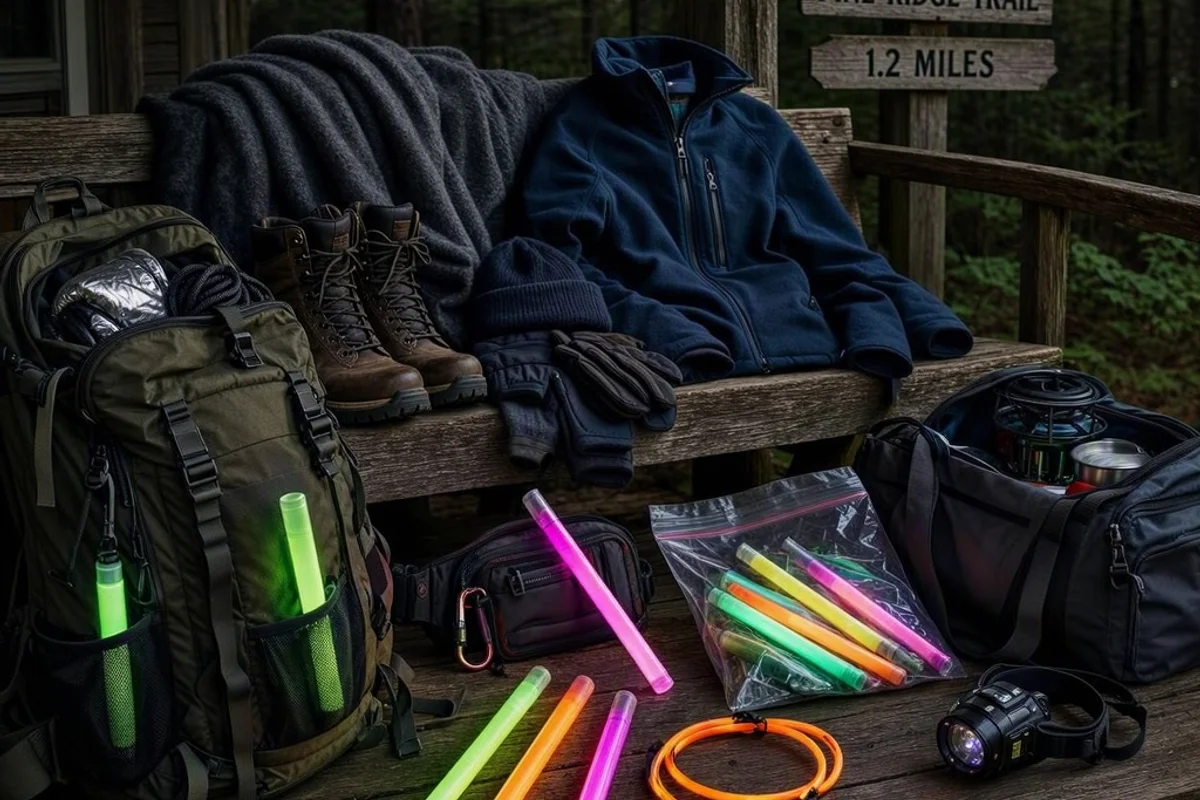 A family preparing for a night hike with glow sticks and warm clothing.