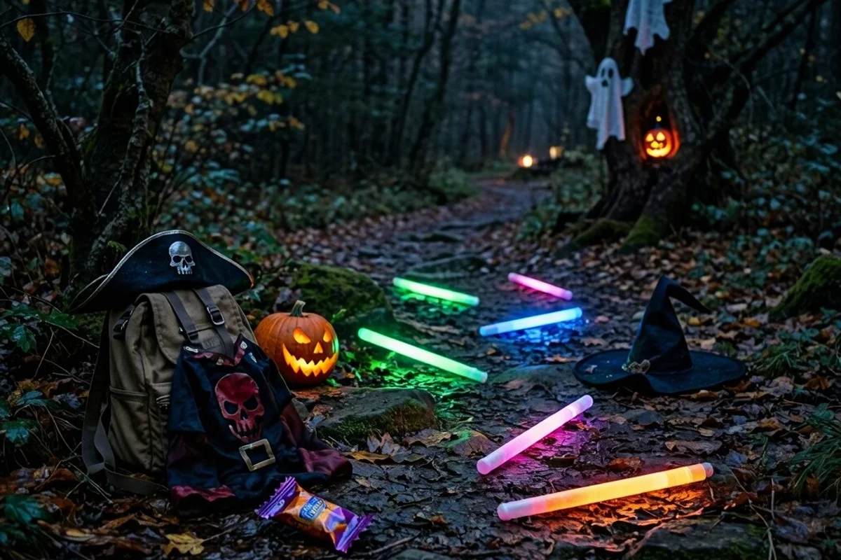 A family enjoying a Halloween-themed night hike with costumes and glow sticks.