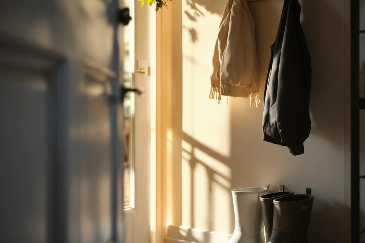 Boot tray and hooks staged beside the front door