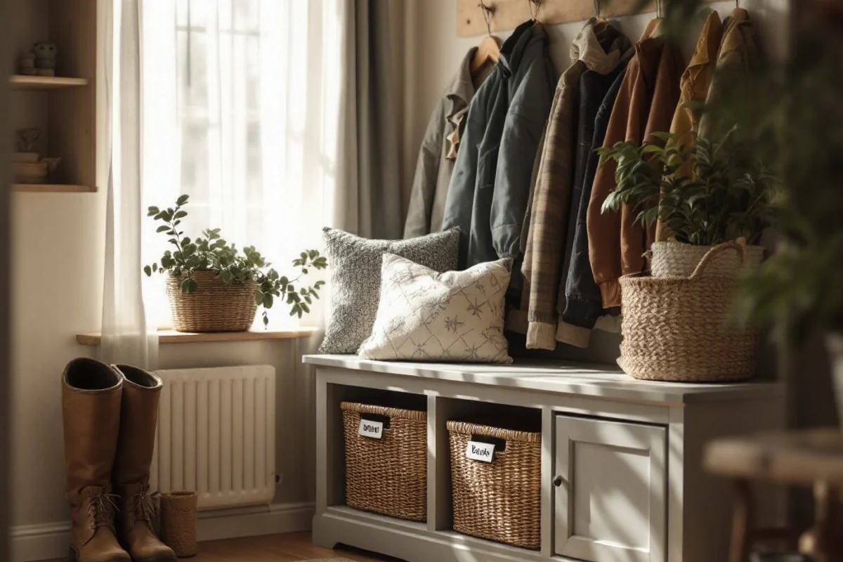 Storage bench with labeled baskets for rainy-season gear