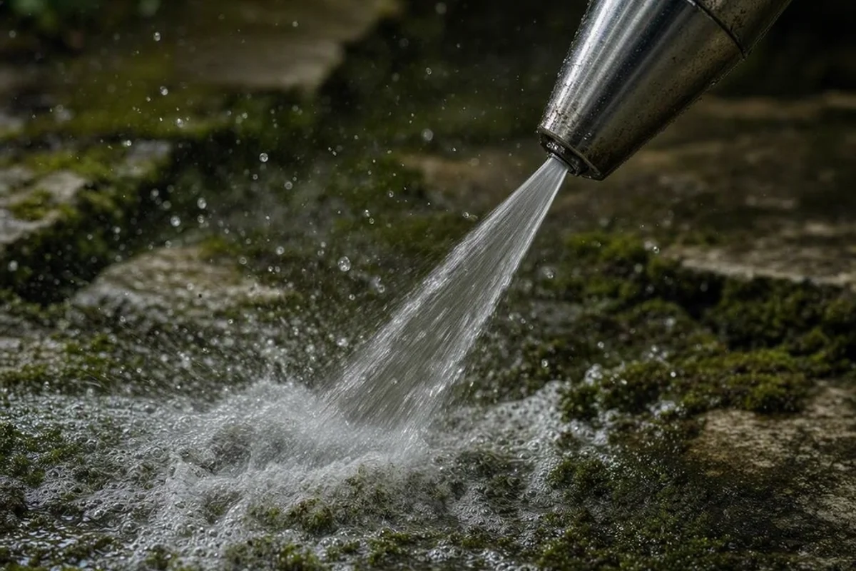 A close-up of a power washer nozzle aimed at a mossy patio.