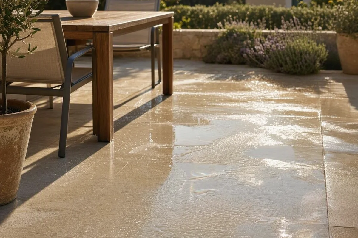 A clean patio with water drying under the sun.
