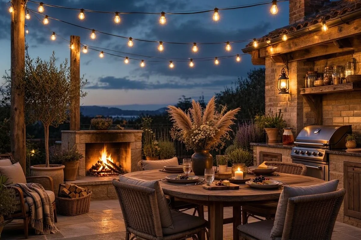 A family enjoying a clean patio with string lights overhead.