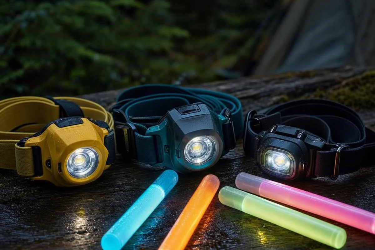 Headlamps and glow sticks ready for nighttime play.