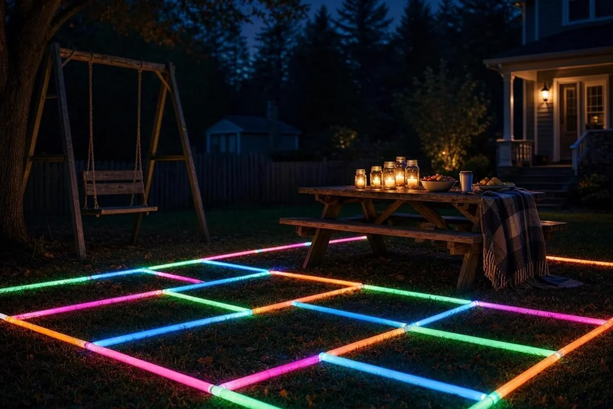 A backyard with glow sticks marking boundaries.