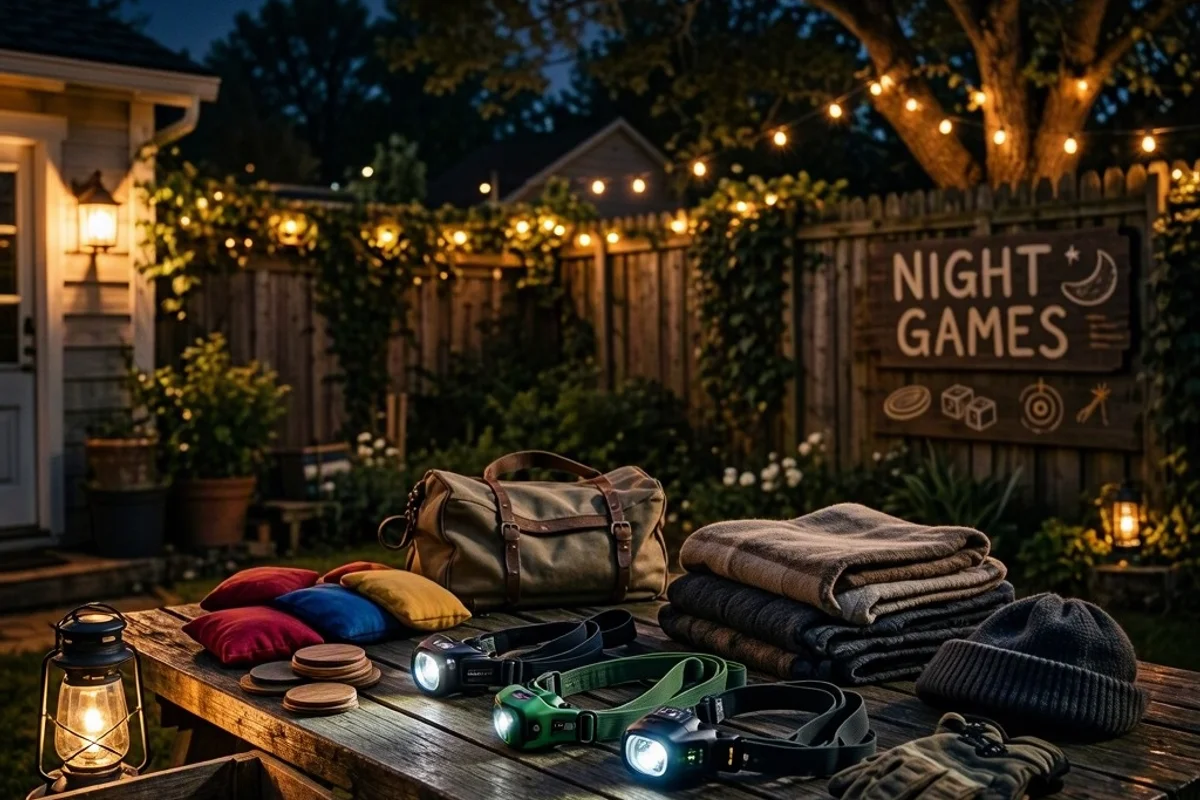 A family preparing for nighttime games with headlamps and gear.