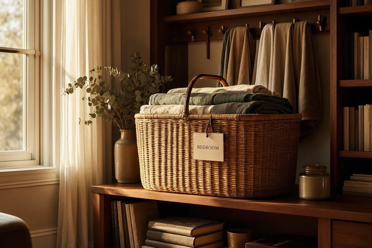A labeled laundry basket placed on a shelf.