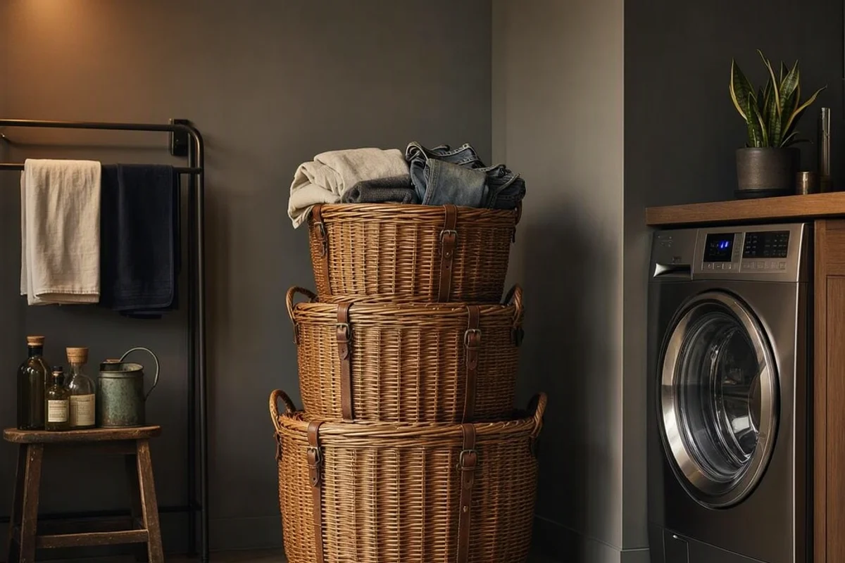 Stacked laundry baskets in a corner of a laundry room.