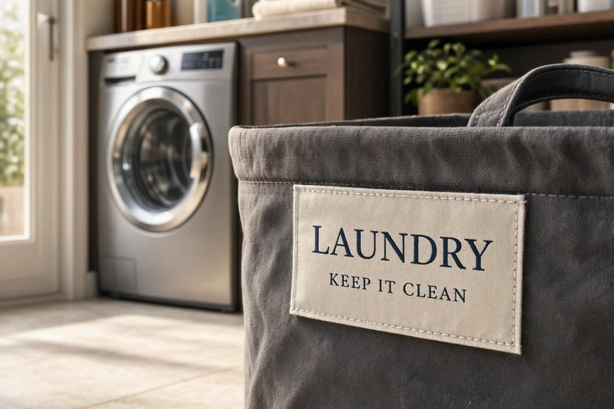 Close-up of a label on a laundry basket.