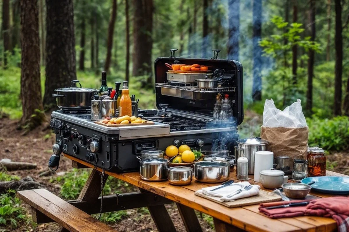 A portable camping kitchen with organized compartments and cooking gear neatly arranged.