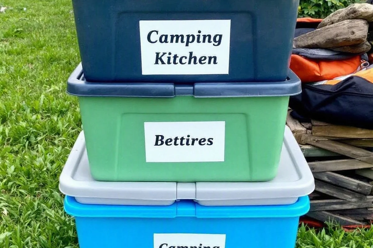 Stackable bins labeled for a camping kitchen setup.
