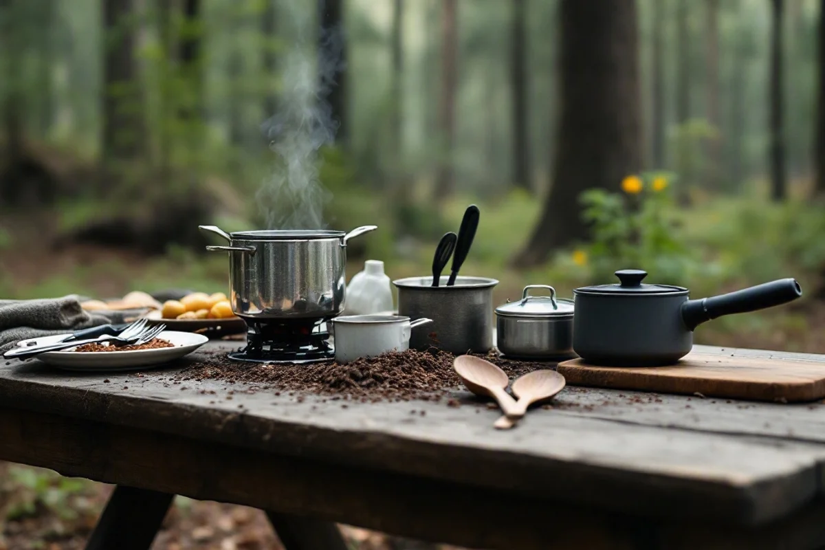 A camping stove and utensils set up on a picnic table.